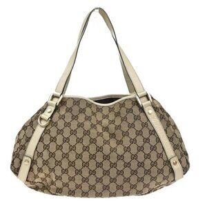 GUCCI Logo GG Pattern Shoulder Tote Bag Canvas Leather Brown White Italy 85EG225
